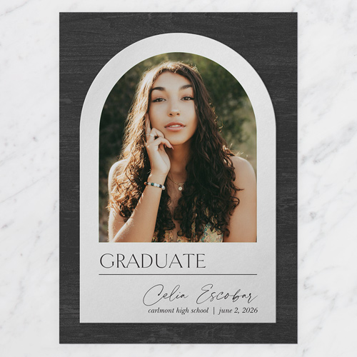 Textured Arch Graduation Announcement, Black, 5x7 Flat, Write Your Own, Pearl Shimmer Cardstock, Square, Coal