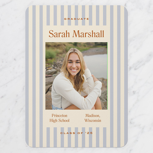 Vintage Stripes Graduation Announcement, Blue, 5x7 Flat, Write Your Own, Standard Smooth Cardstock, Rounded