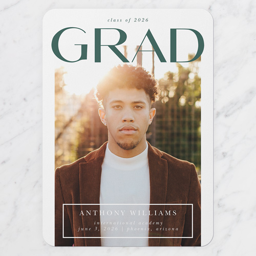 Headline Overlay Graduation Announcement, White, 5x7 Flat, 100% Recycled Cardstock , Rounded, White