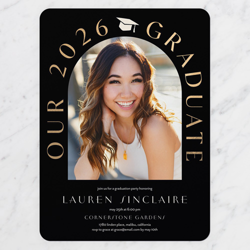 Arched Cap Graduation Invitation, Black, 6x8 Flat, Signature Smooth Cardstock, Rounded, Black