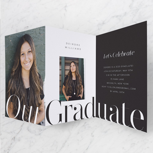 Elegant Contrast Graduation Invitation, Black, Trifold, Pearl Shimmer Cardstock