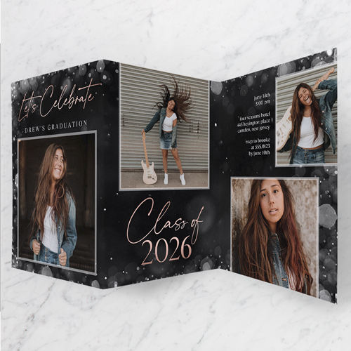 Bokeh Scholar Graduation Invitation, Black, Trifold, Pearl Shimmer Cardstock, Black