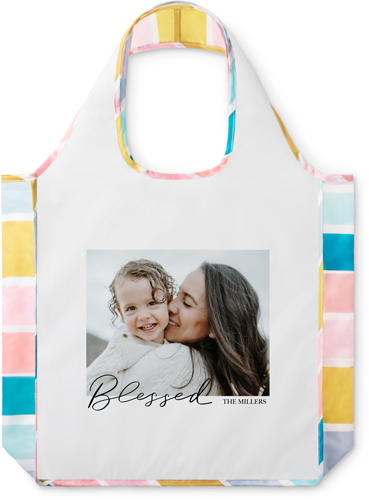 Blessed Calligraphy Reusable Shopping Bag, Stripe, Black