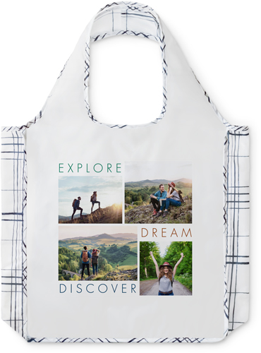 Explore Dream Discover Reusable Shopping Bag, Plaid, White