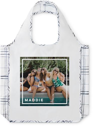 Simple Name Border Reusable Shopping Bag, Plaid, White, white