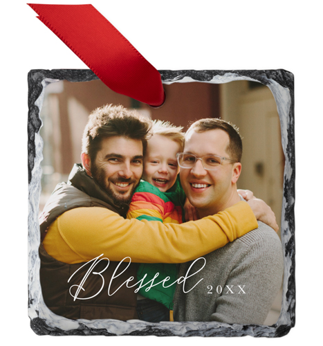 Blessed Script Slate Ornament, White, Square, white