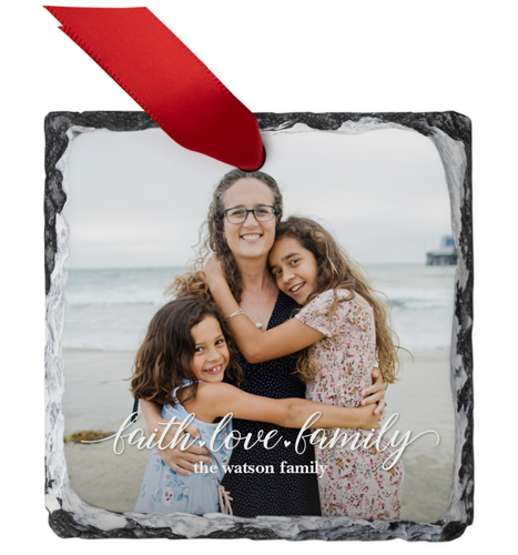Faith Love Family Script Slate Ornament, White, Square