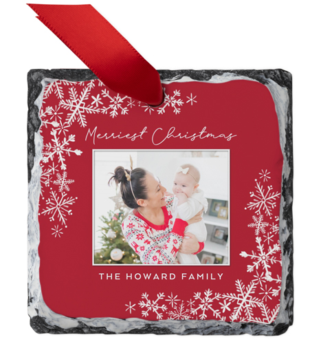 Snowflakes Corner Slate Ornament, Red, Square