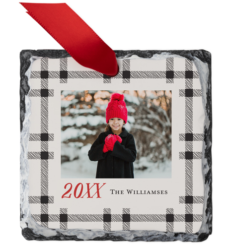 Classic Plaid Frame Slate Ornament, Beige, Square, antique white