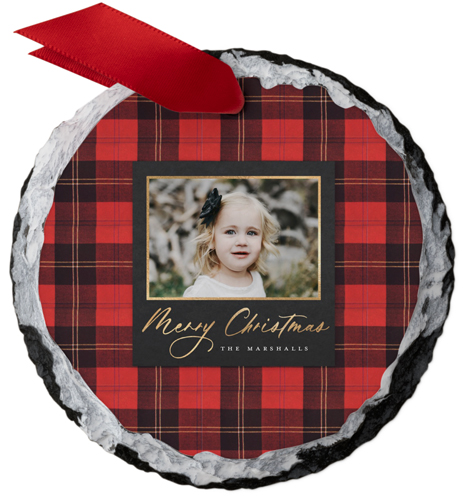 Tartan Frame Slate Ornament, White, Circle