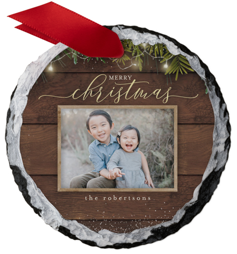 Bokeh Branches Slate Ornament, Brown, Circle