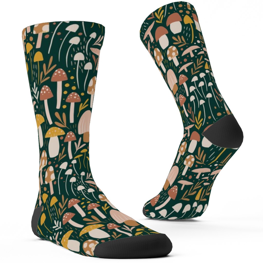 Woodland Mushroom Meadow - Green Custom Socks, Green