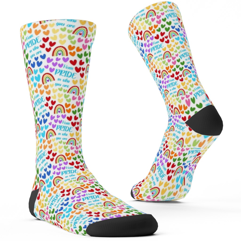 Have Pride in Who You Are Rainbows and Hearts Custom Socks, Multicolor