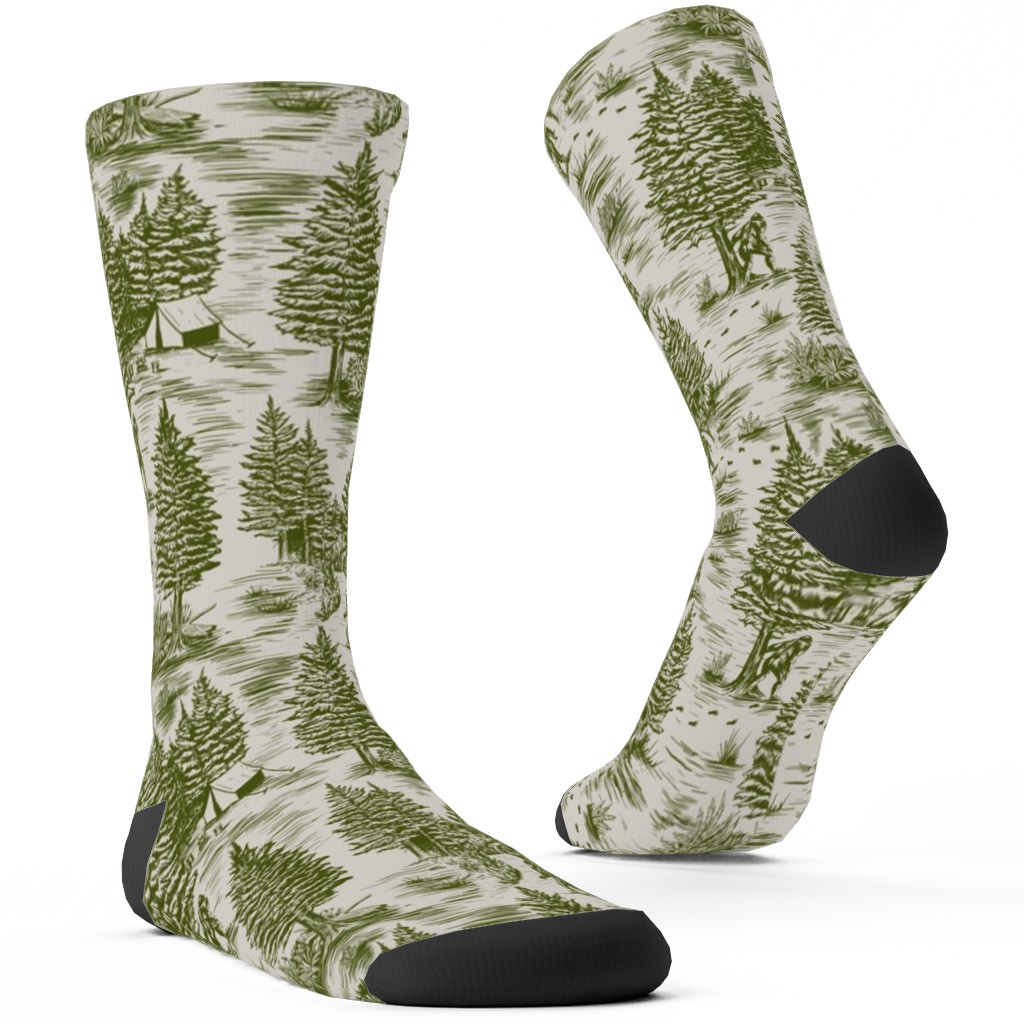 Bigfoot Sasquatch Toile De Jouy Custom Socks, Green, Ivy