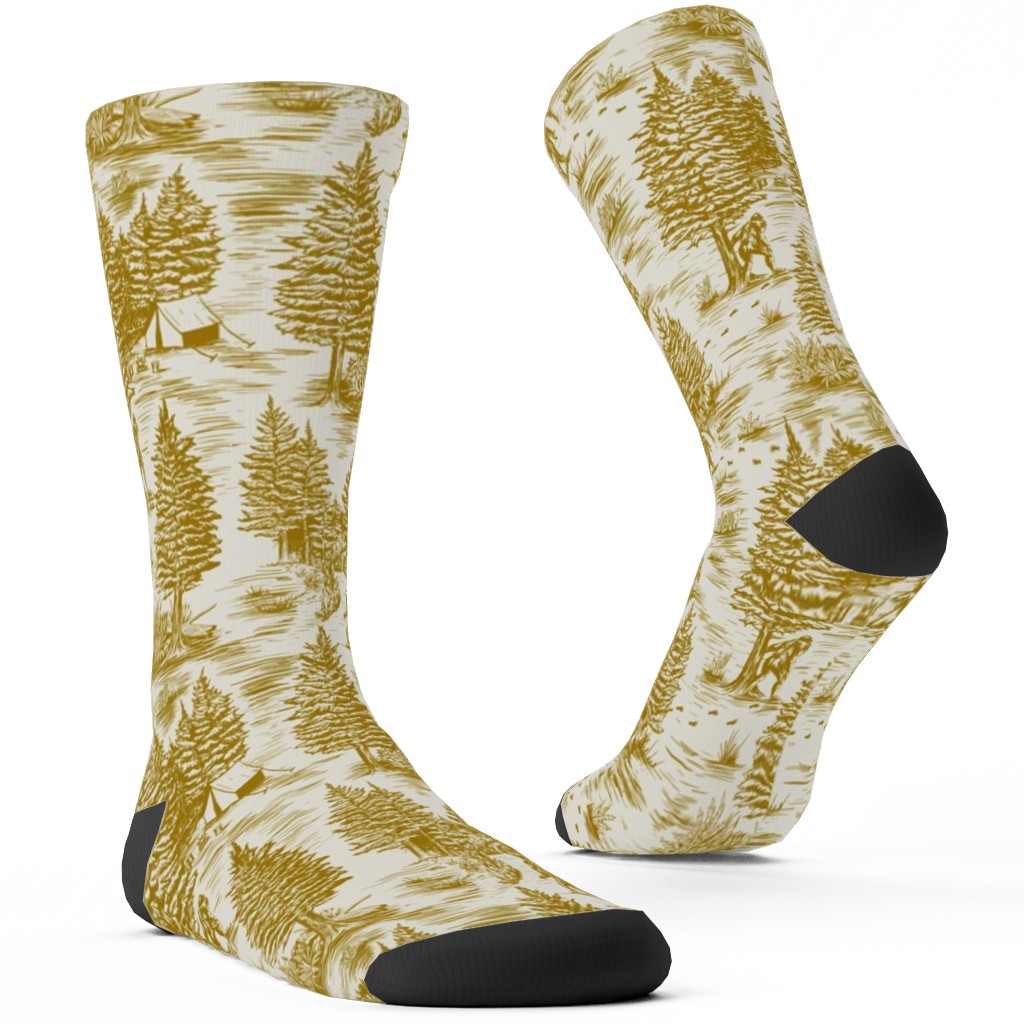 Bigfoot Sasquatch Toile De Jouy Custom Socks, Yellow, Mustard