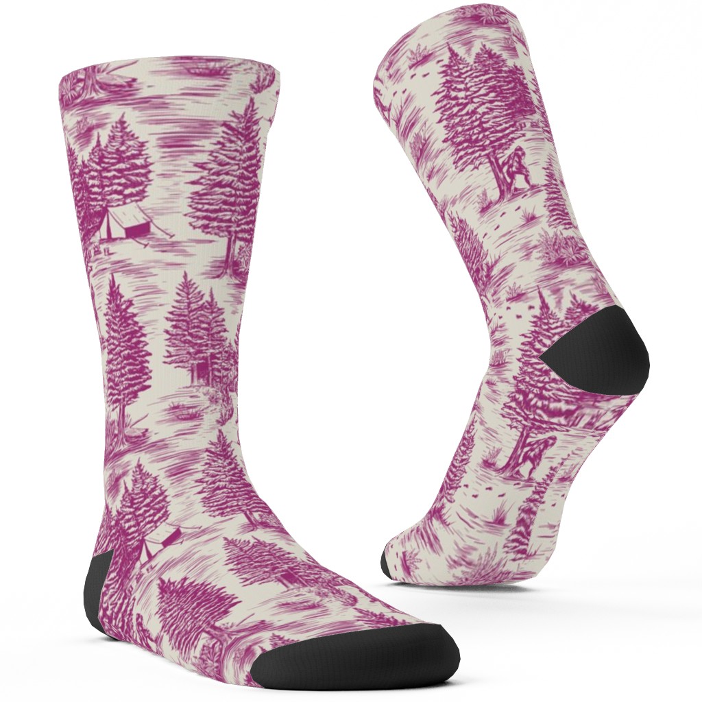 Bigfoot Sasquatch Toile De Jouy Custom Socks, Pink