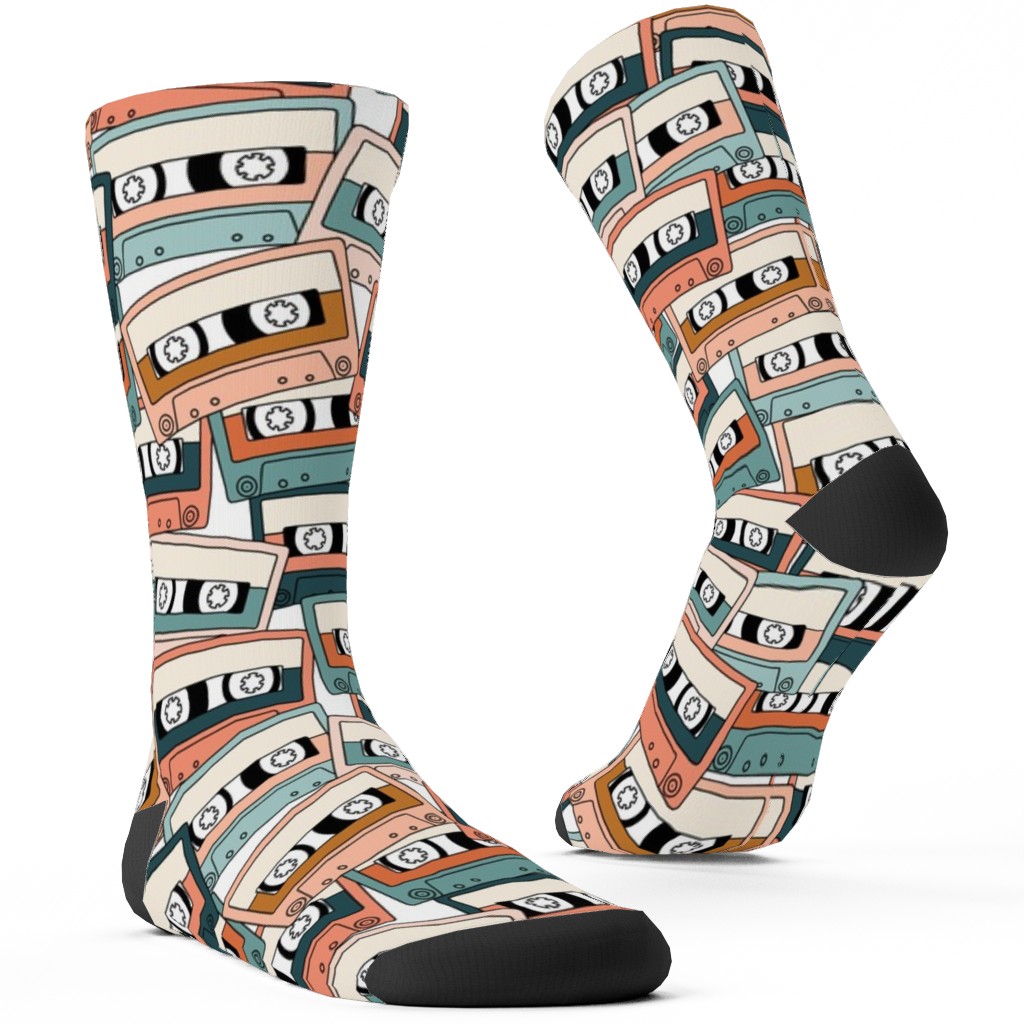 Retro Audio Tape Cassette Custom Socks, Multicolor, Fern