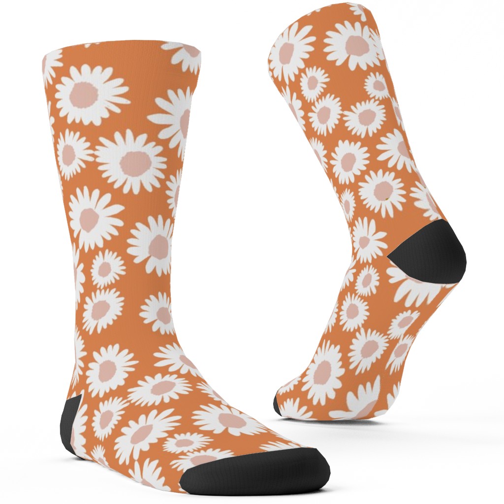 Boho Daisies - Flowers - Muted Orange and Blush Custom Socks, Orange
