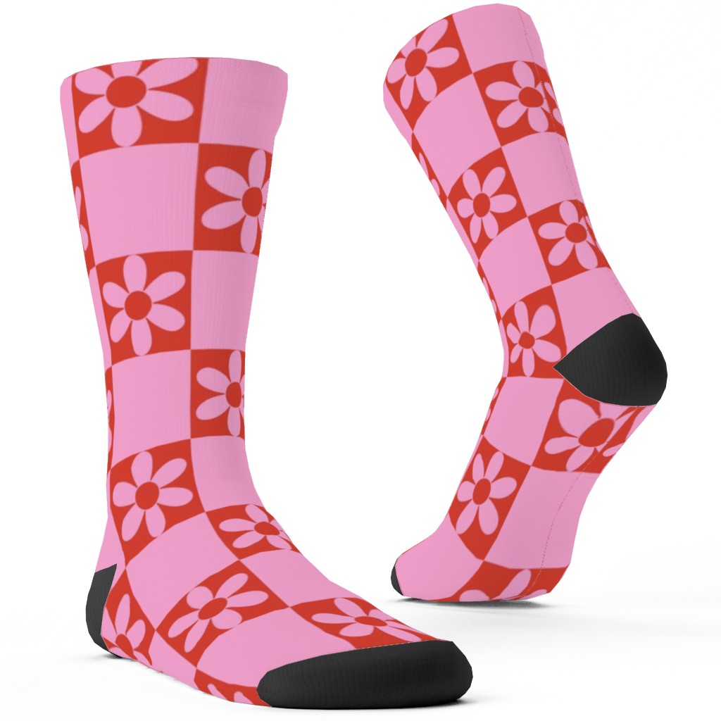 Daisy Checkerboard Custom Socks, Pink, Bubblegum
