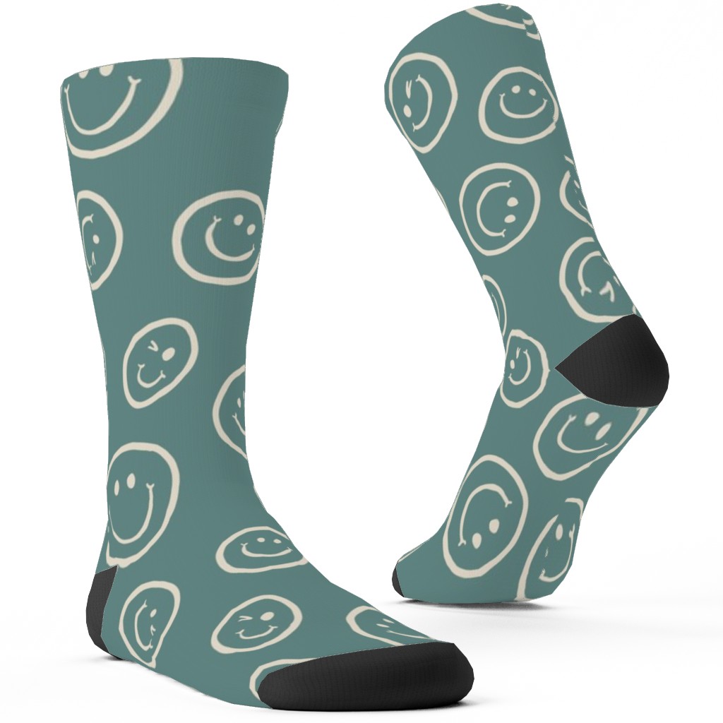Smiley Winking Faces Custom Socks, Green, Ore