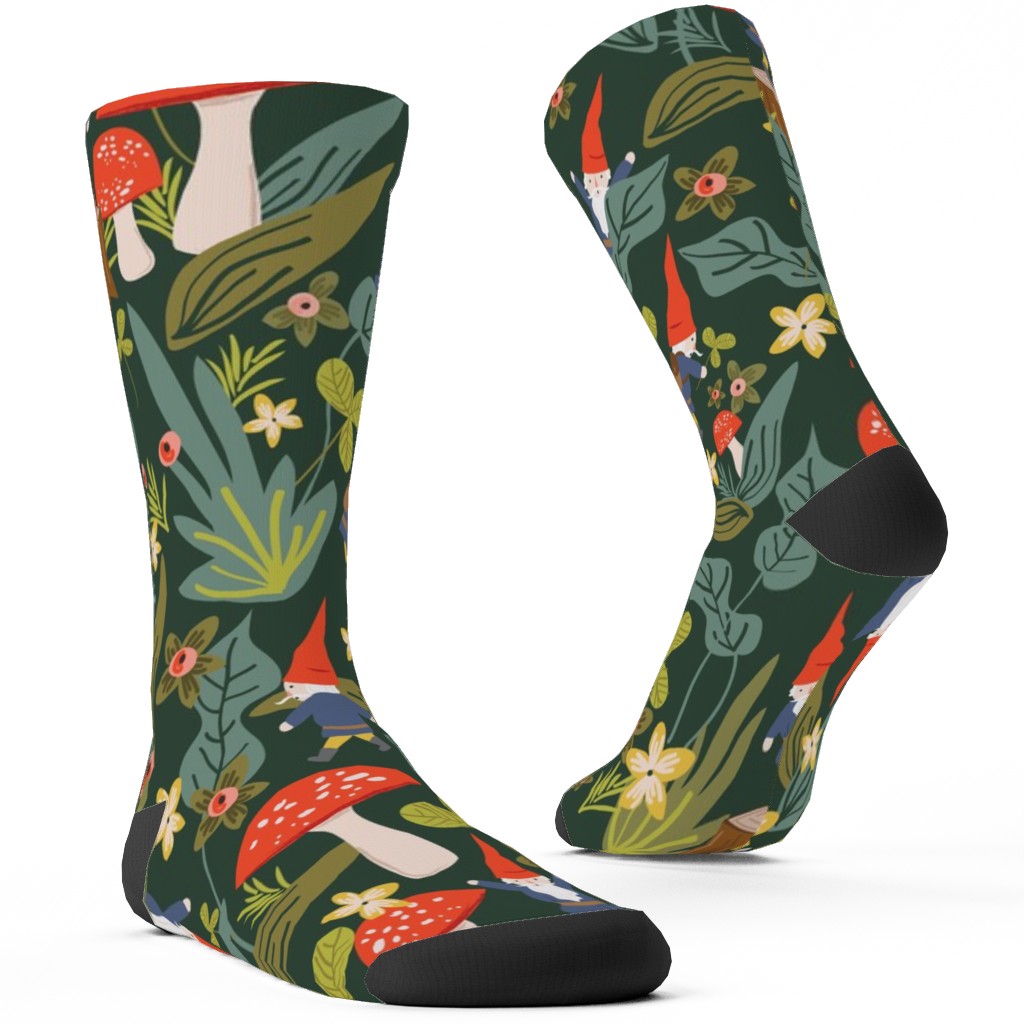 Woodland Gnomes & Mushrooms - Green Custom Socks, Green