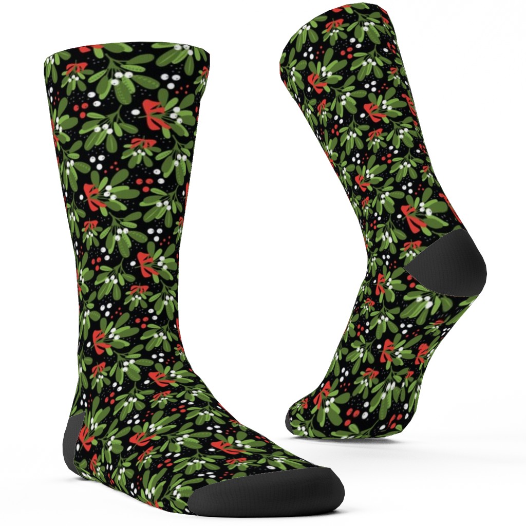 Mistletoe Night on Black Custom Socks, Multicolor