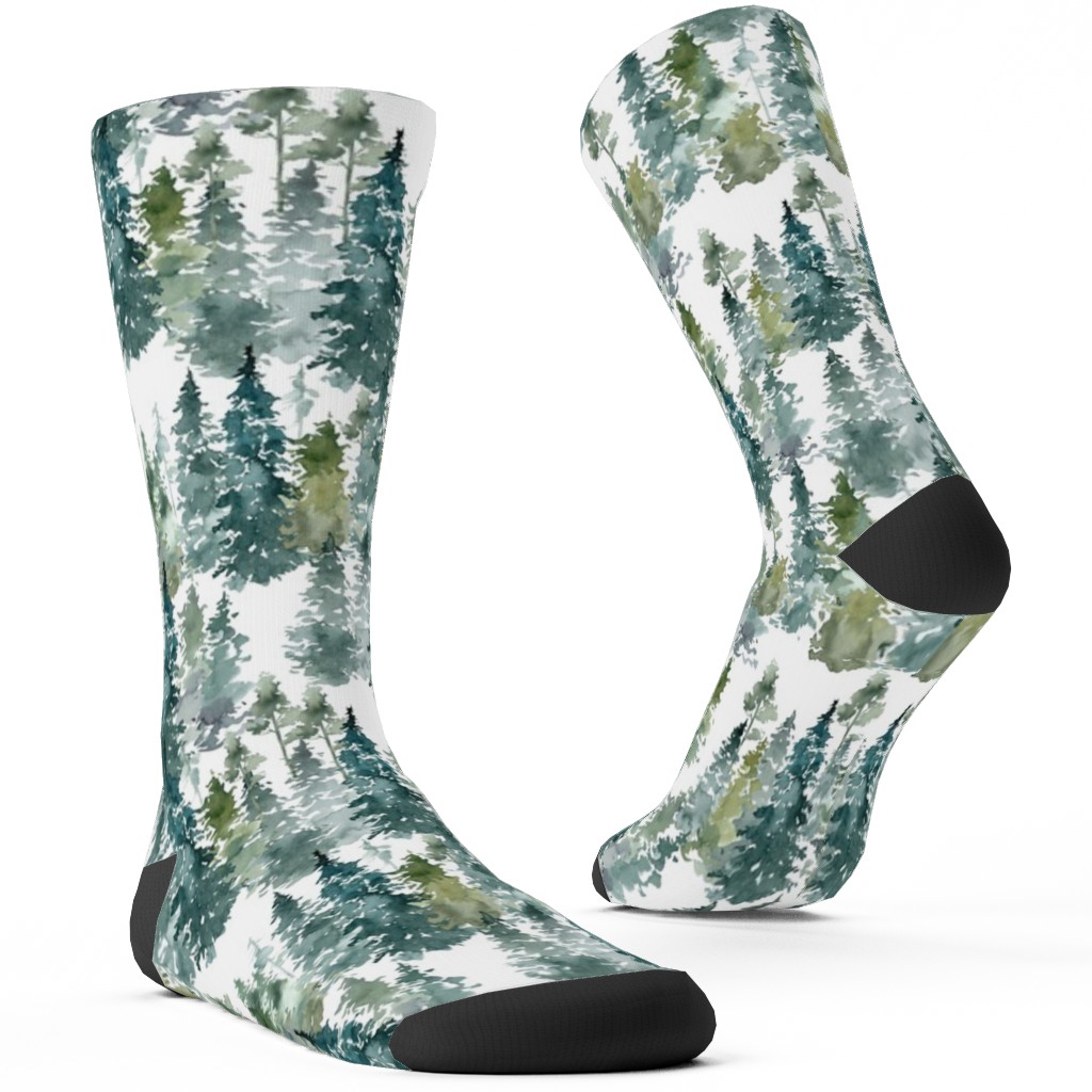 Woodland Trees Watercolor - White Custom Socks, Green