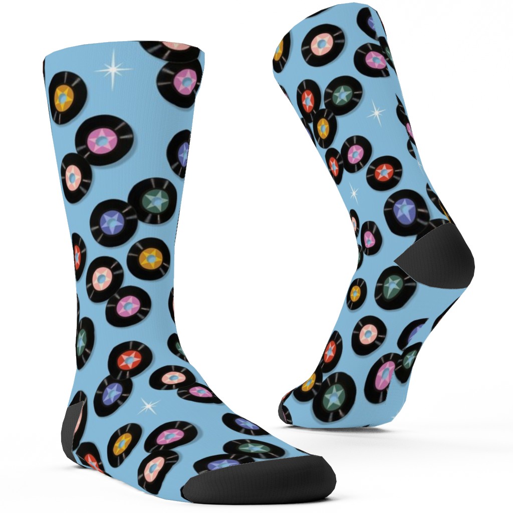 Pop Star Vintage Vinyl Records Custom Socks, Blue, Waterfall