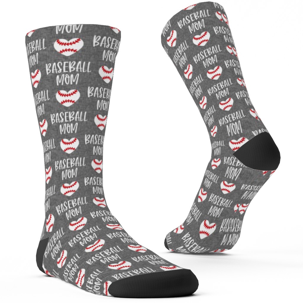 Baseball Mom - Baseball Heart - White on Grey Custom Socks, Gray