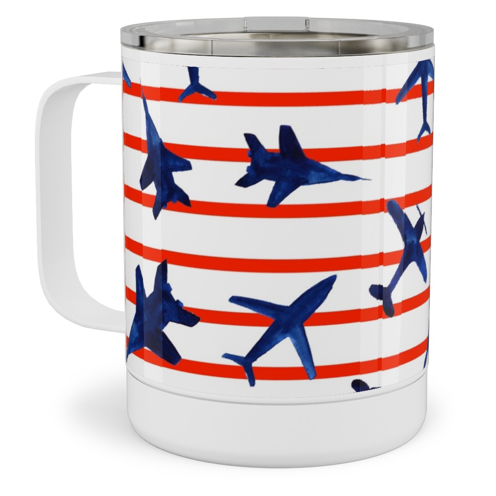 Patriotic Airplanes Watercolor - Blue With Red Stripes Stainless Steel Mug, 10oz, Blue