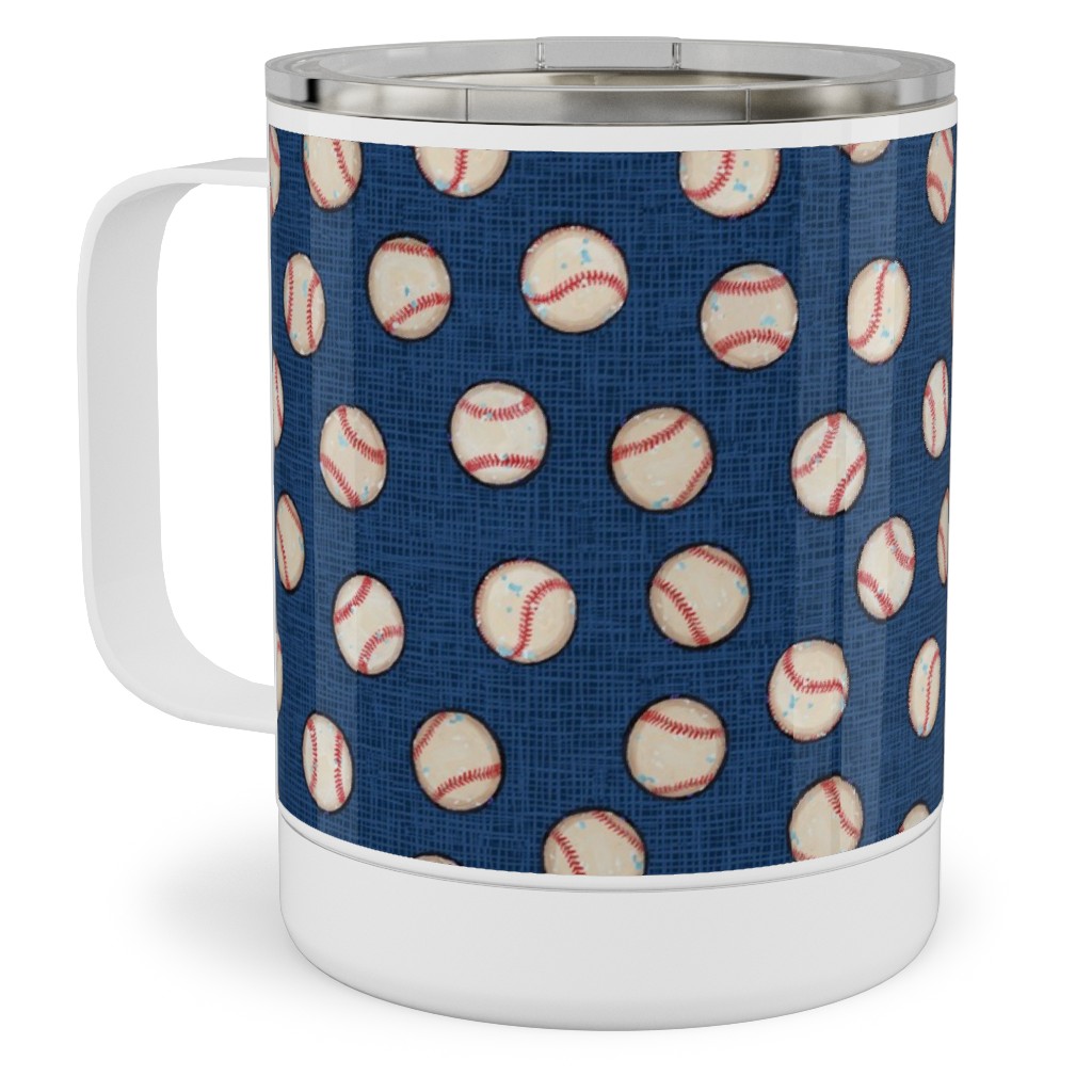 Baseball Balls on Blue Linen Stainless Steel Mug, 10oz, Blue