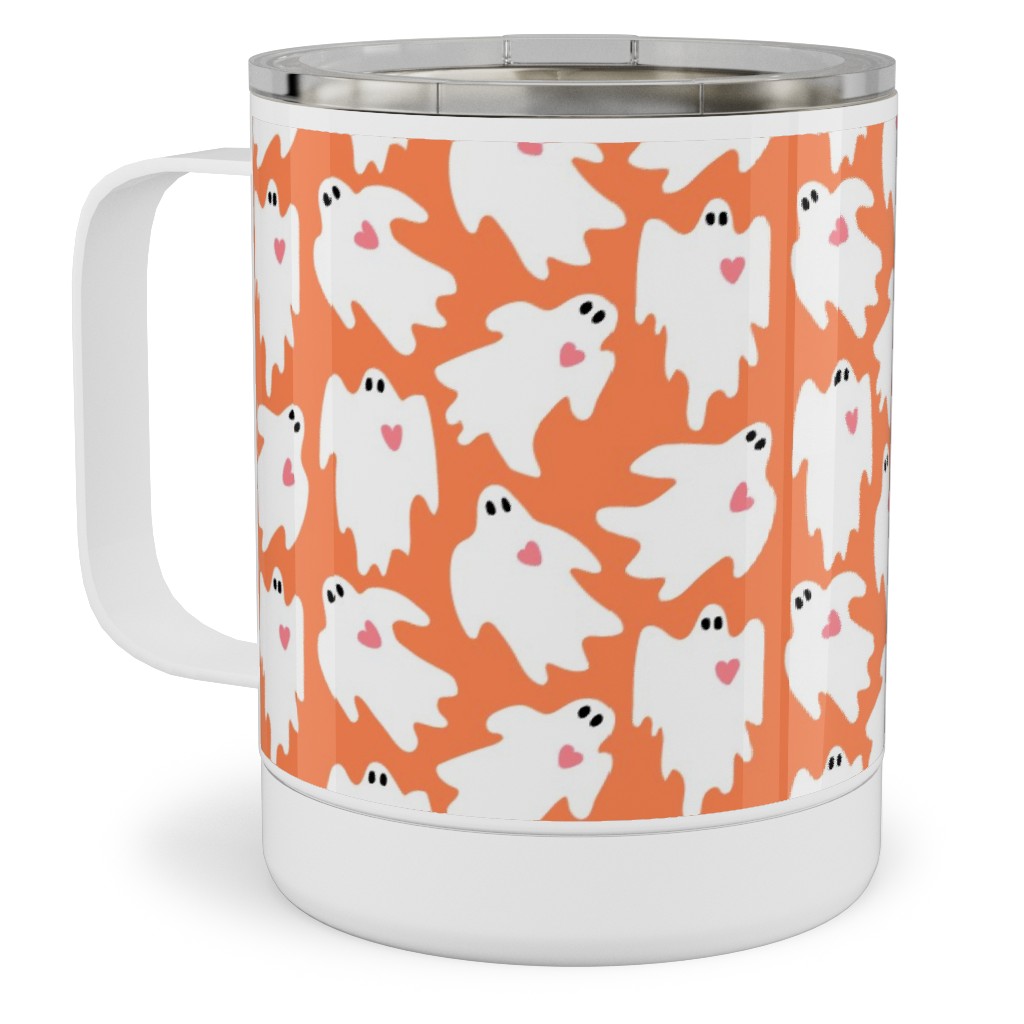 Halloween Ghosts With Hearts on Black Stainless Steel Mug, 10oz, Orange