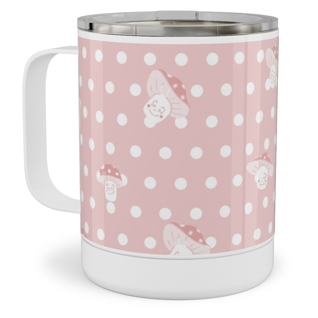 Mushroom and Dots - Pink Stainless Steel Mug, 10oz, Pink, Bright Pink