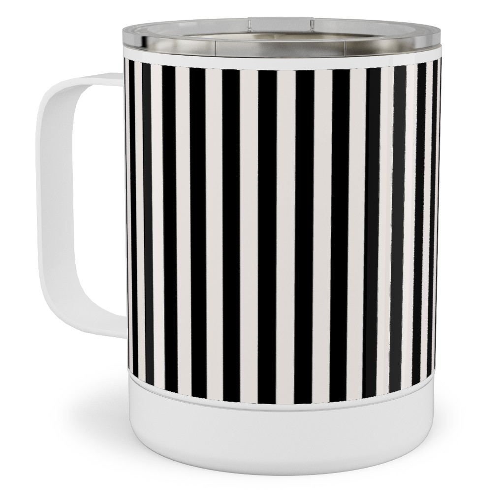Basic Stripe - Black and Cream Stainless Steel Mug, 10oz, Black, Black