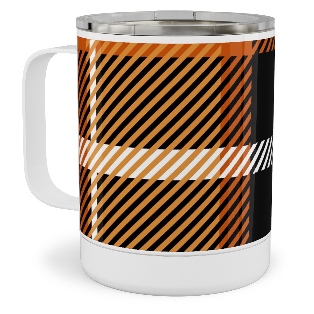 Orange and Black Plaid Stainless Steel Mug, 10oz, Orange