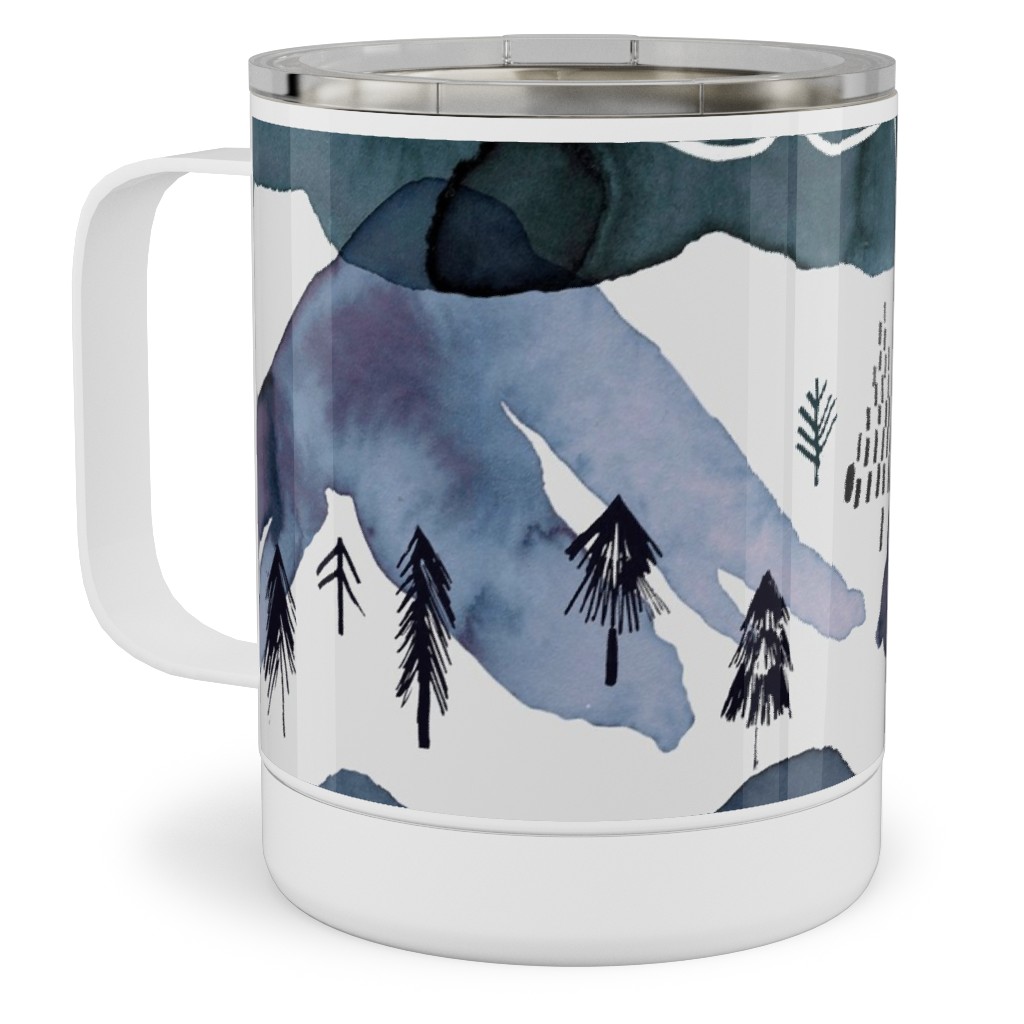 Watercolor Mountains Landscape - Blue Stainless Steel Mug, 10oz, Blue