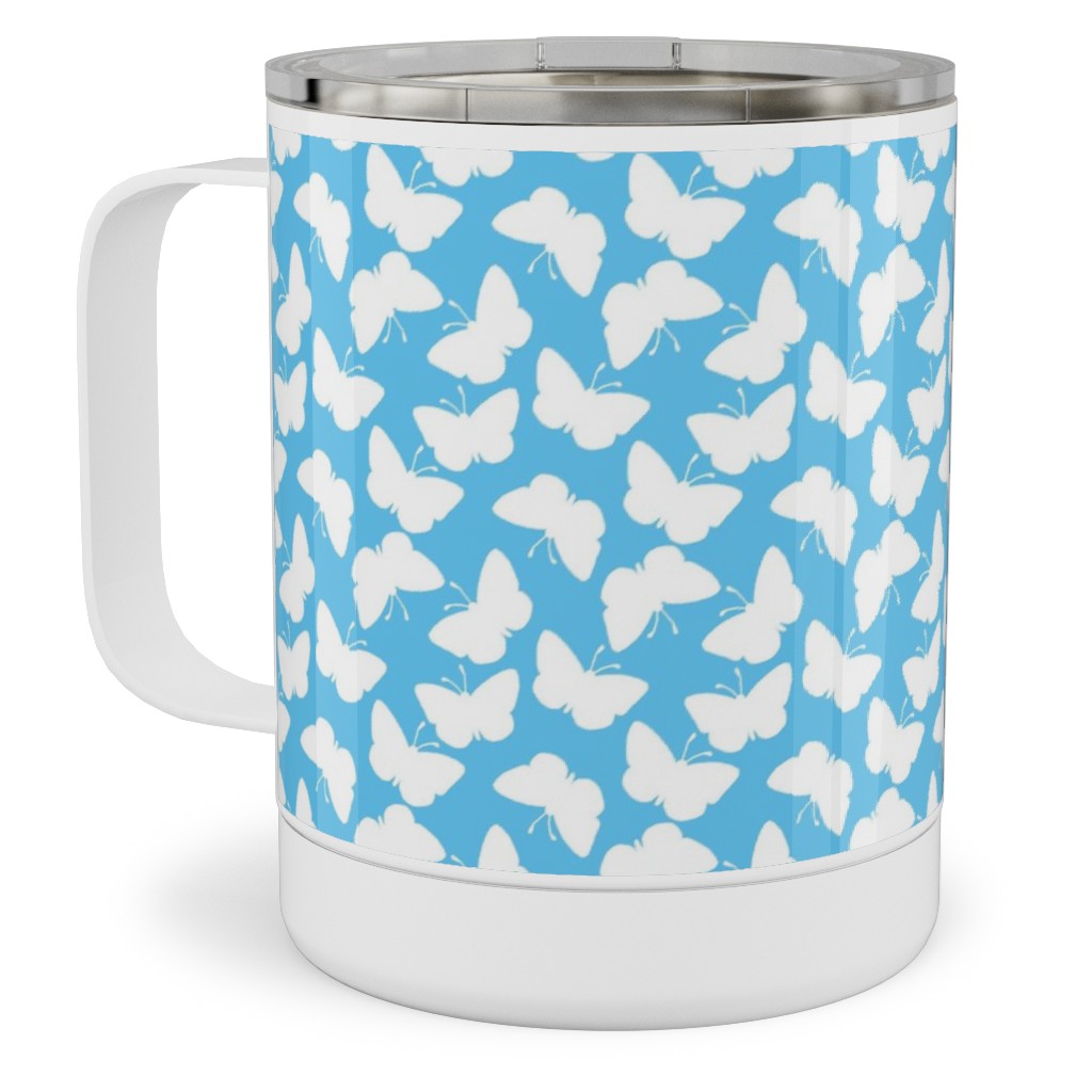 Butterflies - White on Blue Stainless Steel Mug, 10oz, Blue, True Blue