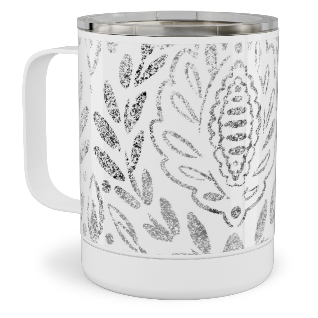 Distressed Damask Leaves - Grey Stainless Steel Mug, 10oz, Gray