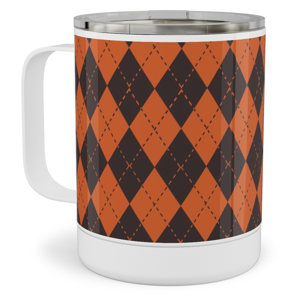 Halloween Argyle - Orange and Black Stainless Steel Mug, 10oz, Orange, Orange