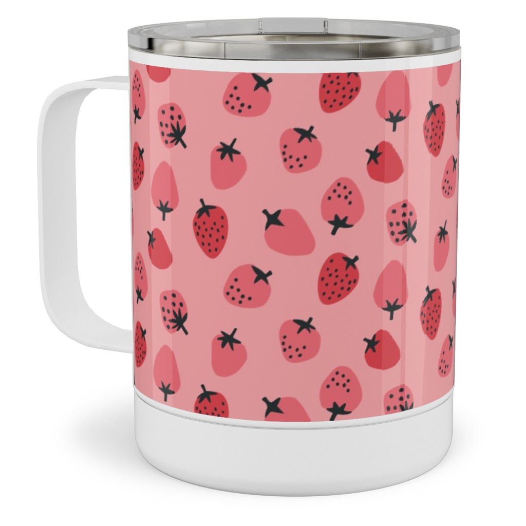 Red Strawberries - Pink Stainless Steel Mug, 10oz, Pink, Bright Pink