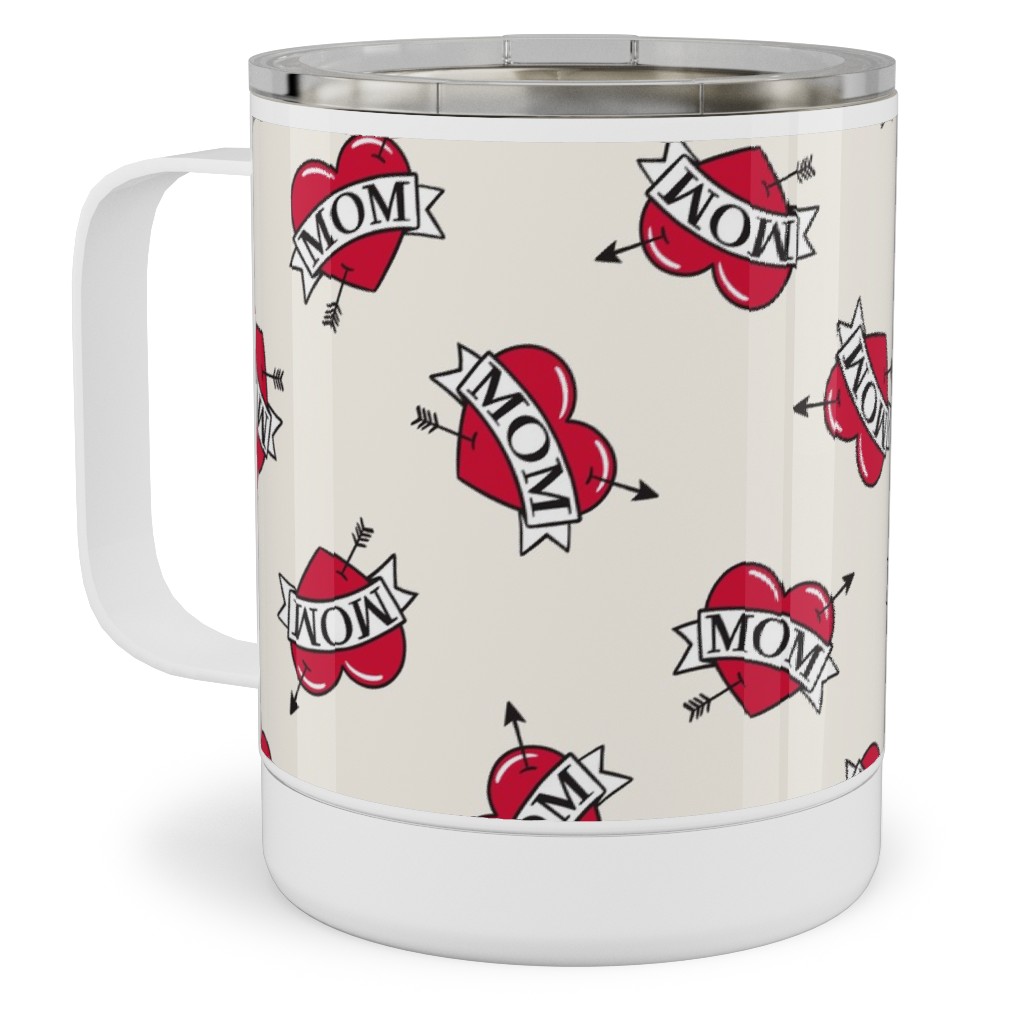 Mom Heart Tattoo - Red on Cream Stainless Steel Mug, 10oz, Red