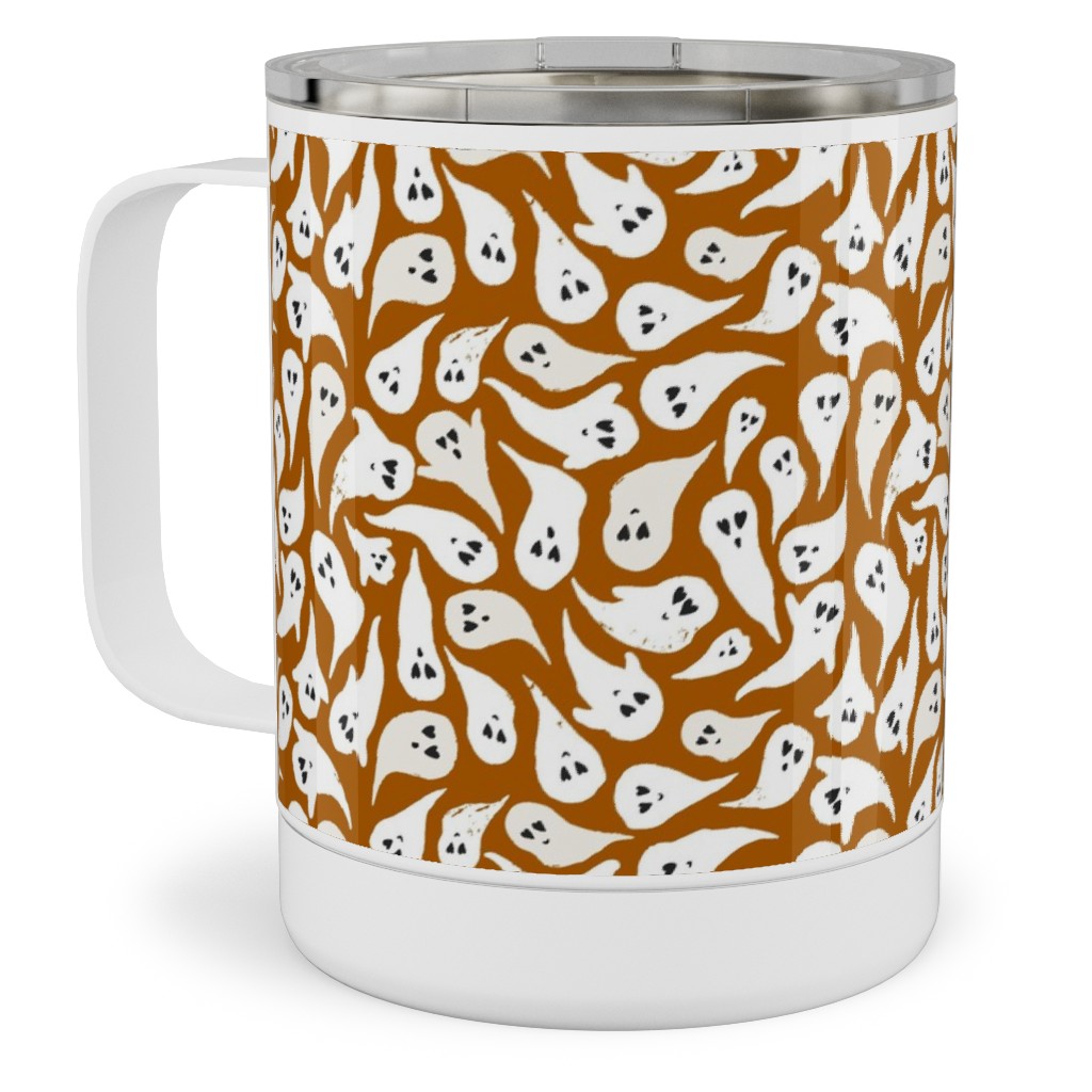 Halloween Ghosts on Dark Burnt Orange Stainless Steel Mug, 10oz, Orange