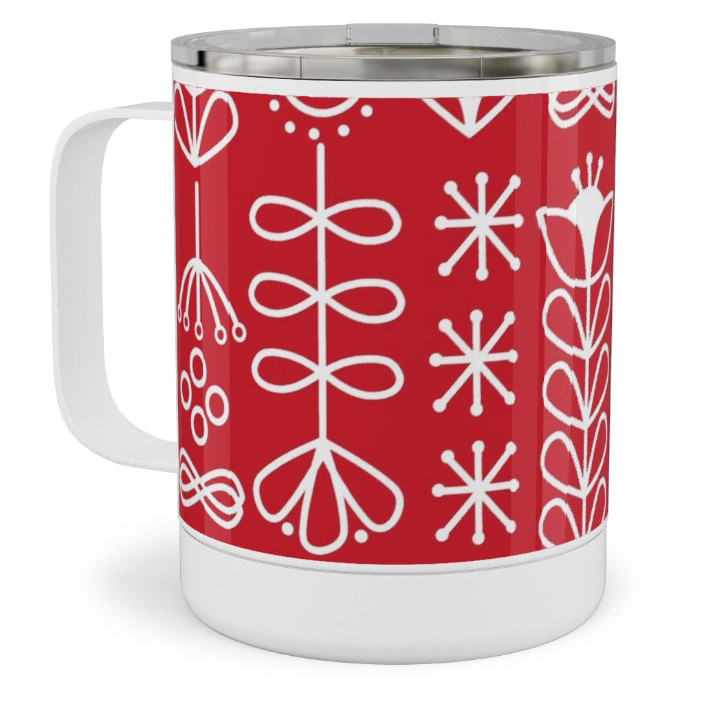 Red and White Nordic Mod Floral Stainless Steel Mug, 10oz, Red, Red
