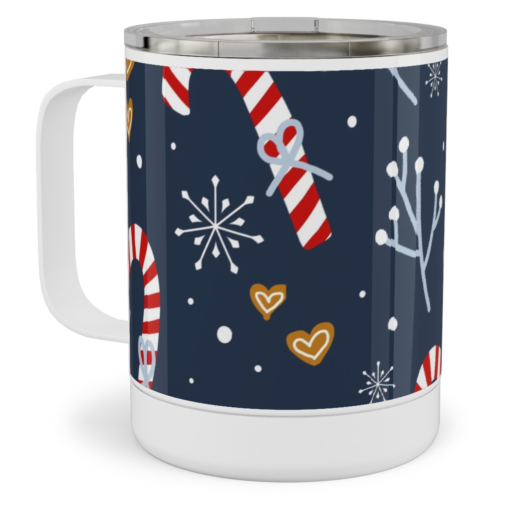Candy Canes and Gingerbread Hearts Stainless Steel Mug, 10oz, Blue