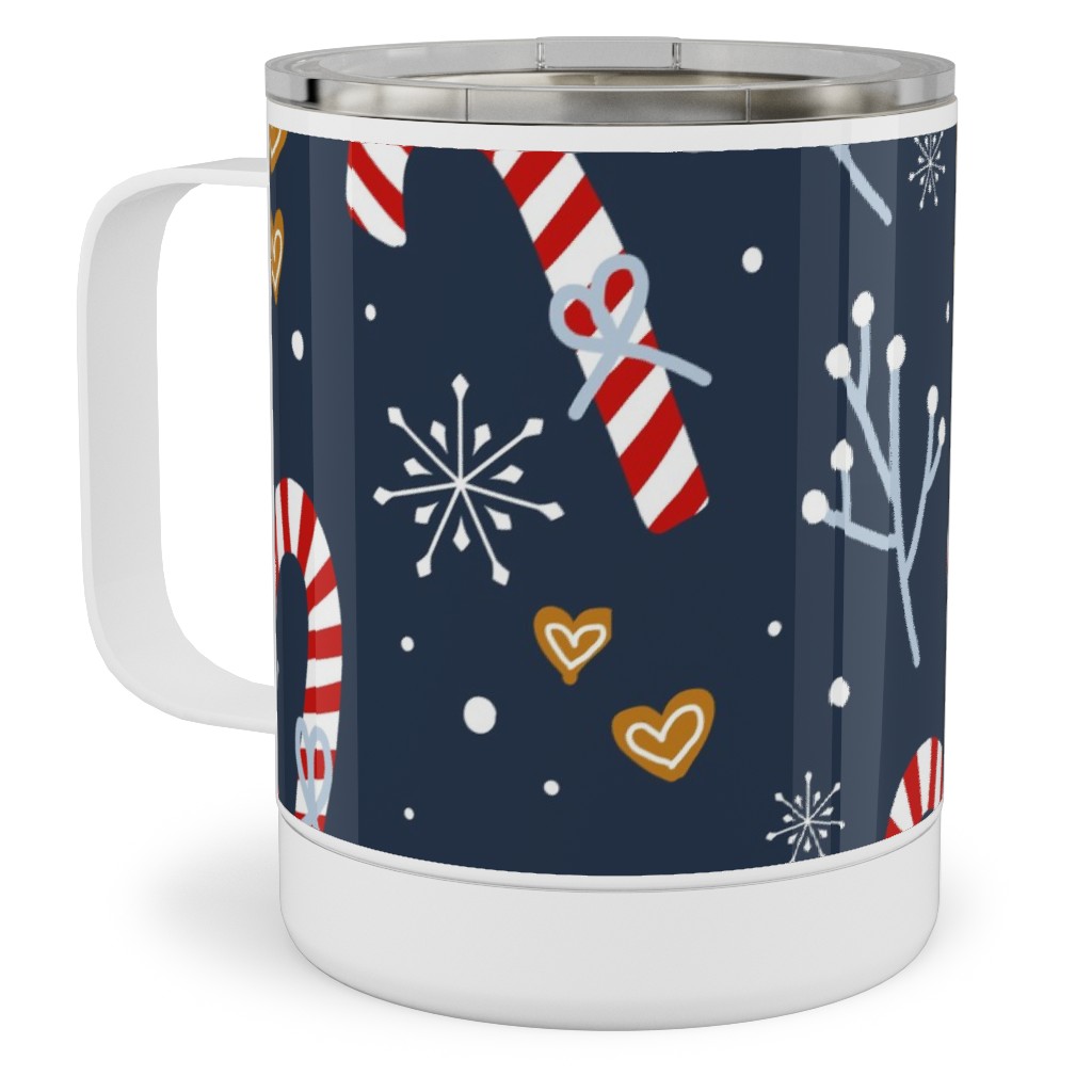 Candy Canes and Gingerbread Hearts Stainless Steel Mug, 10oz, Blue, True Blue
