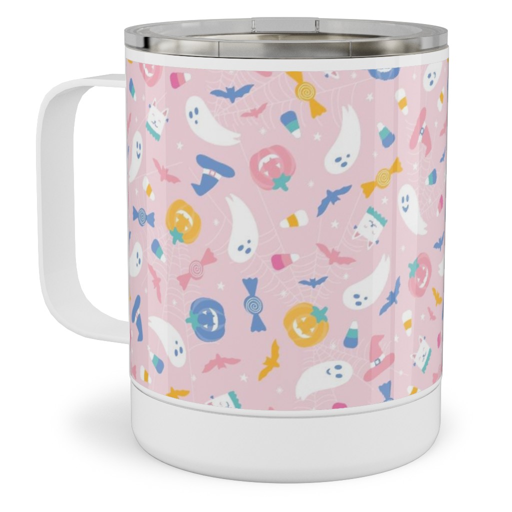 Pastel Halloween Happy Ghosts and Candy Corn Stainless Steel Mug, 10oz, Pink