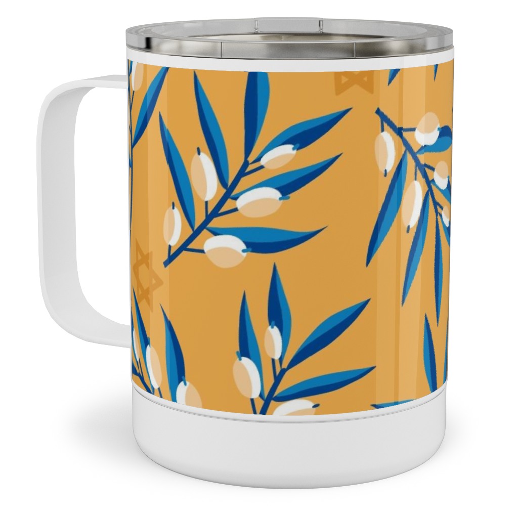 Olive Branches Hanukkah - Blue on Yellow Stainless Steel Mug, 10oz, Yellow