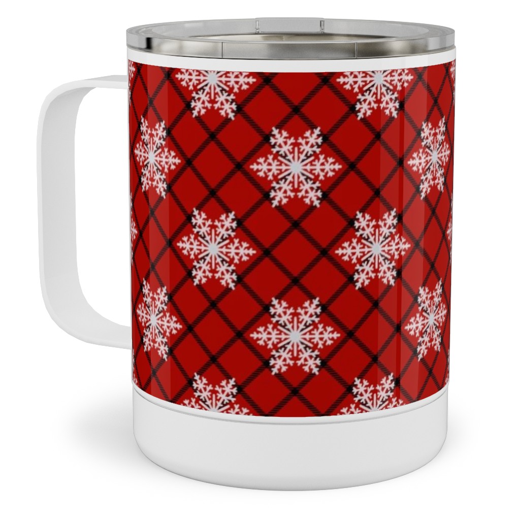 Snowy Winter Diagonal Checker Plaid - Red and Black Stainless Steel Mug, 10oz, Red, Red