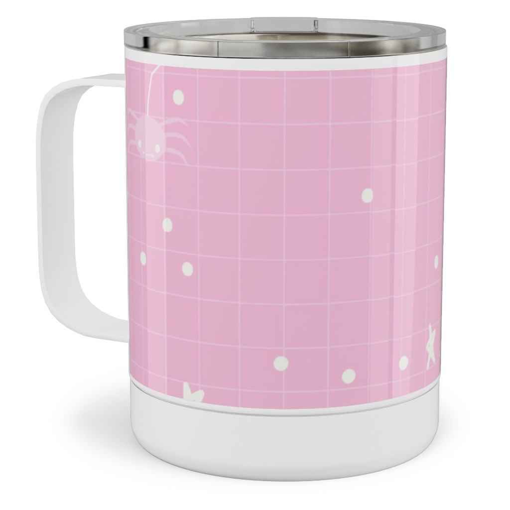 Pastel Halloween Web and Spider - Pink Stainless Steel Mug, 10oz, Pink