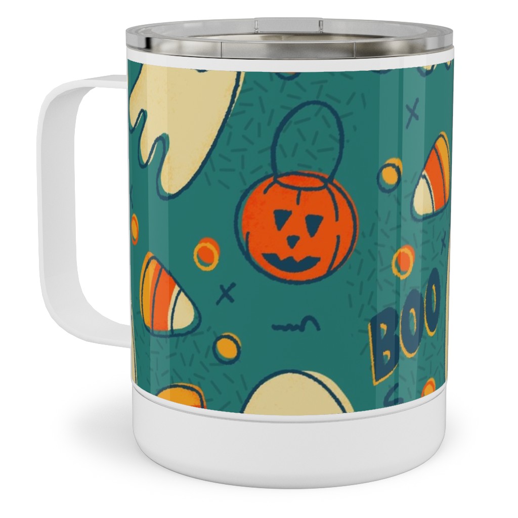 Candy Corn and Ghosts - Green Stainless Steel Mug, 10oz, Multicolor